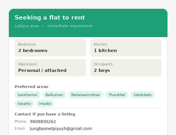 Need 2BK flat in periphery of lalitpur area
